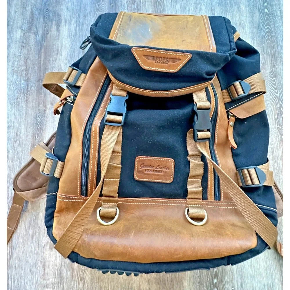 Pop's Kalahari Leather Trim Backpack Black Canvas Laptop Sturdy Bag Distressed - Picture 1 of 14